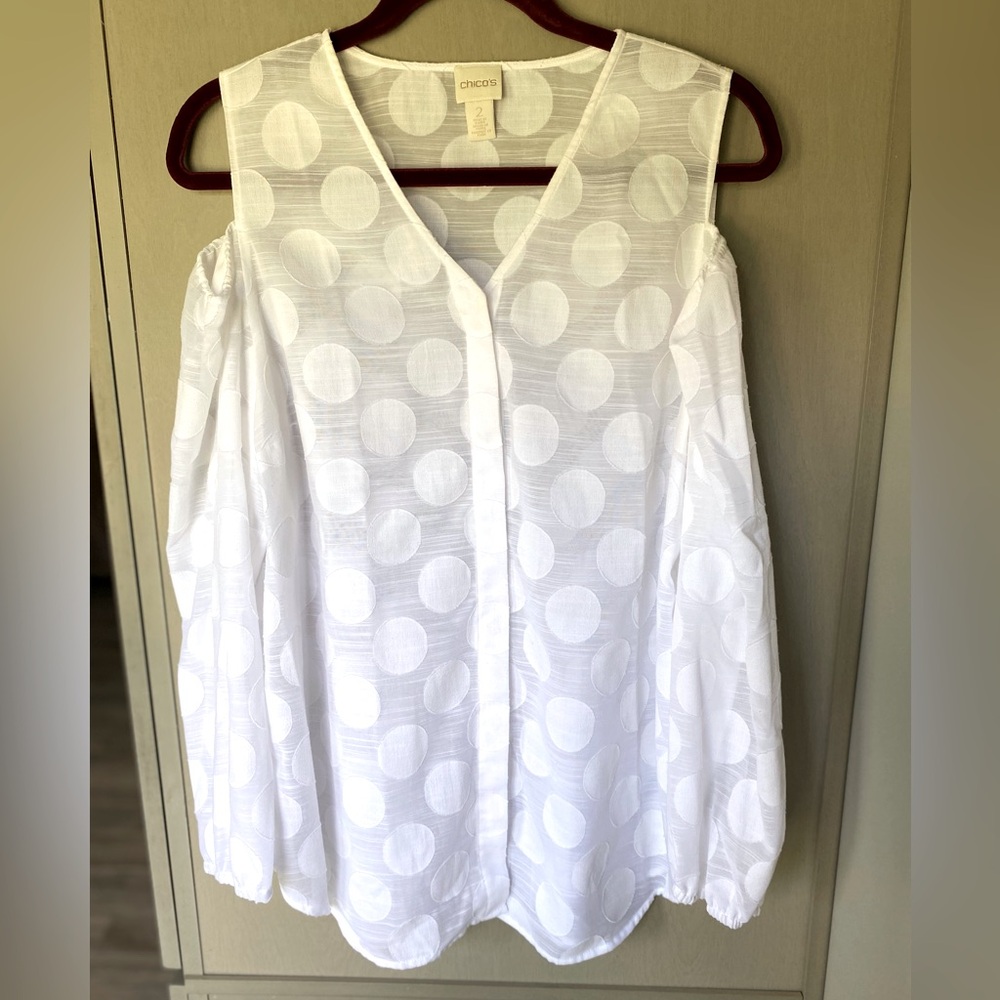 Chico's White Polka Dot Cold Shoulder Blouse